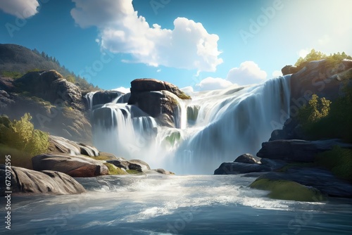 Beautiful waterfall. Generative ai art. Landscape with river and white clouds.