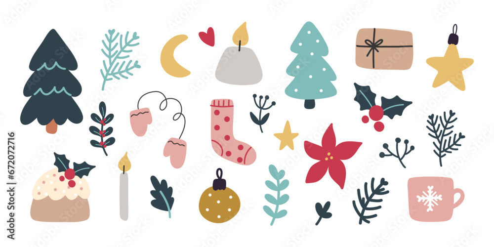 Hand draw christmas elements.Gift boxes,Florals,Сandles,Christmas decorations. Hand draw christmas elements.Gift boxes,Florals,Сandles,Christmas decorations.