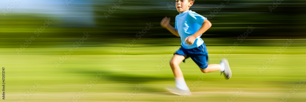 Little boy running fast with motion blur effect.