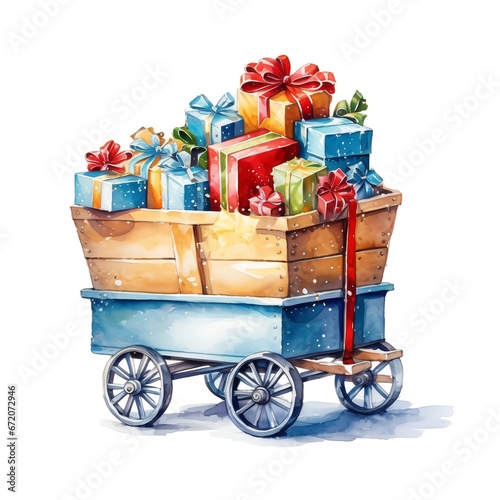 Watercolor christmas wagon with gifts Sublimation. AI generated.