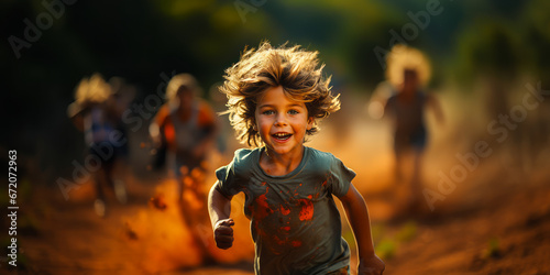 Little boy running alone at high speed with motion blur. photo