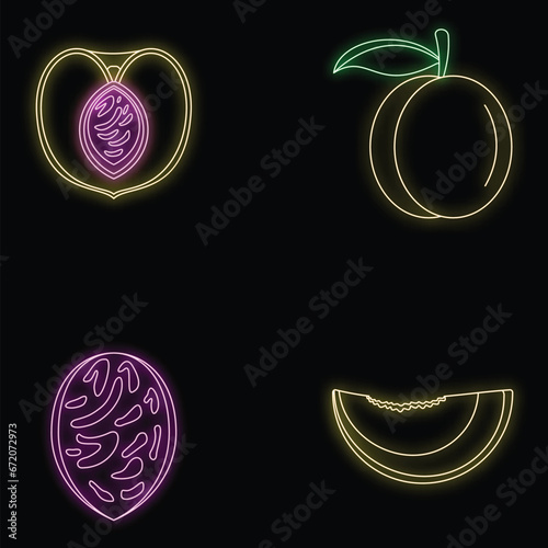 Peach tree slices fruit half icons set. Outline illustration of 4 peach tree slices fruit half vector icons neon color on black