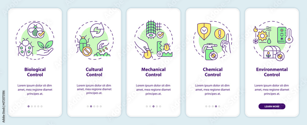 Naklejka premium 2D icons representing integrated pest management mobile app screen set. Walkthrough 5 steps colorful graphic instructions with thin line icons concept, UI, UX, GUI template.