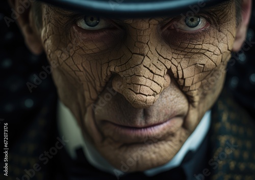 A close-up shot of a magician's face, captured in extreme detail, with every wrinkle and expression photo