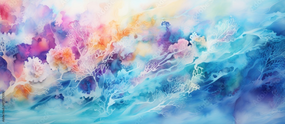 Handmade watercolor abstract background with bright and colorful textural elements depicting an underwater world This modern painting showcases a sea pattern