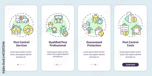 2D icons representing integrated pest management mobile app screen set. Walkthrough 4 steps multicolor graphic instructions with thin line icons concept, UI, UX, GUI template.
