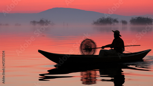 Boat in early morning sunshine at lake. Asian fisherman Thailand, Vietnam © PaulShlykov