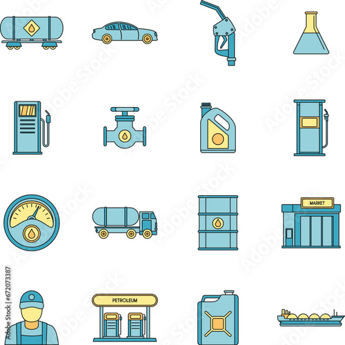 Petrol station gas fuel shop icons set. Outline illustration of 16 petrol station gas fuel shop vector icons thin line color flat on white