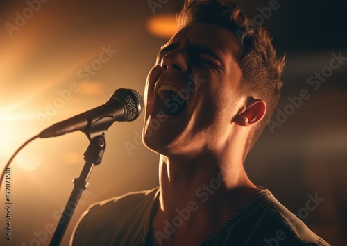 A close-up shot of a singer belting out a powerful note, capturing the raw emotion on their face.