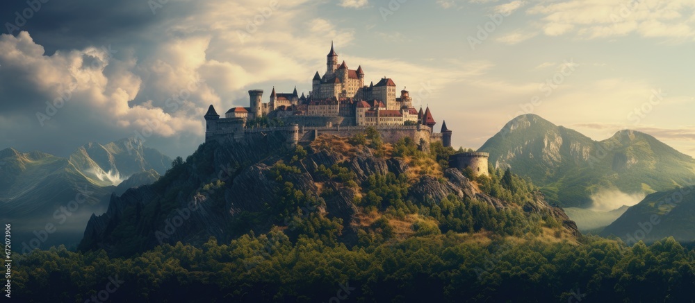 A mountainous castle displayed in a stock image