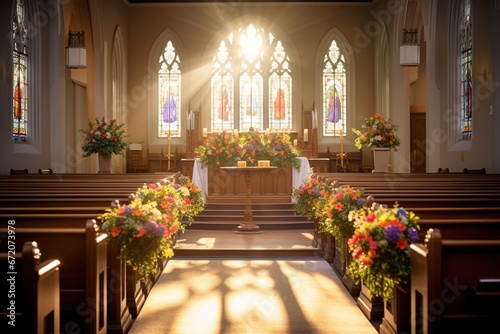Interior of a church with a lot of flowers in the foreground.Funeral concept © Rudsaphon
