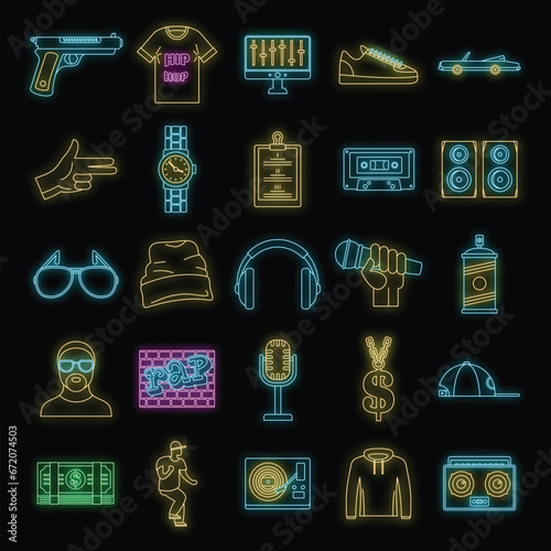 Hiphop rap swag music dance icons set. Outline illustration of 16 hiphop rap swag music dance vector icons neon color on black