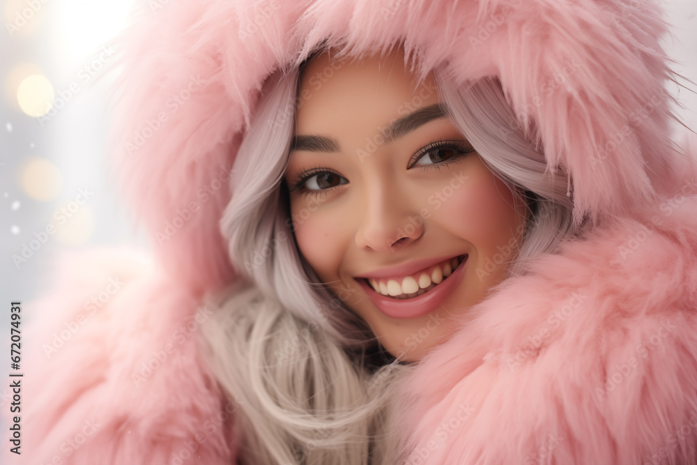 portrait of a beautiful woman in pink fur hat
