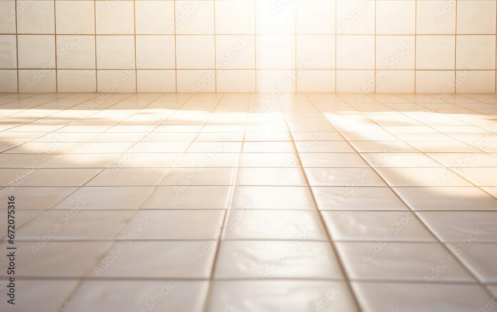 A white tile background illuminated by the gentle warmth of sunlight streaming through.