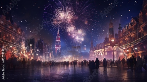 Design an image of a New Year's night city square celebration, with AI-generated people gathered for a public party with live performances and fireworks.