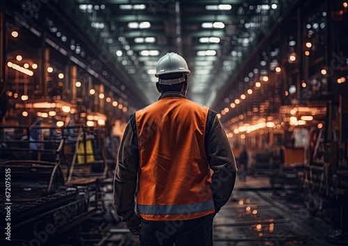 A laborer wearing a hard hat and reflective vest, standing confidently amidst a bustling factory