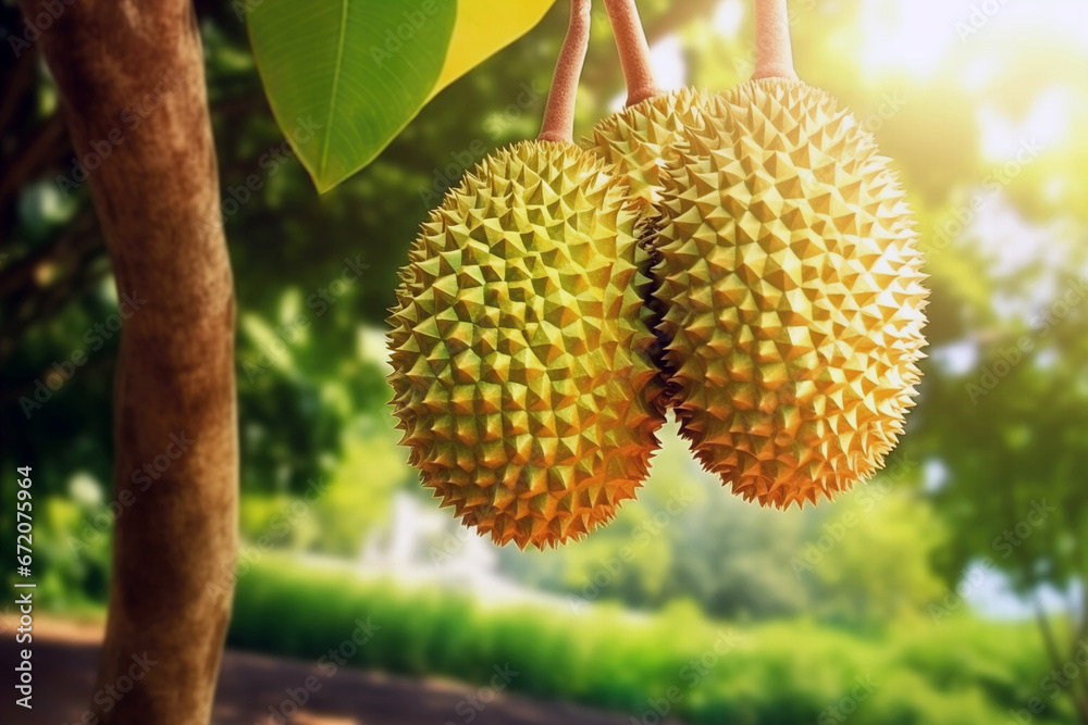 Fresh durian fruit on tree with blurred nature background on sunshine. Durian is the king of fruit. High quality photo Fresh durian fruit on tree with blurred nature background on sunshine. Durian is the king of fruit. High quality photo