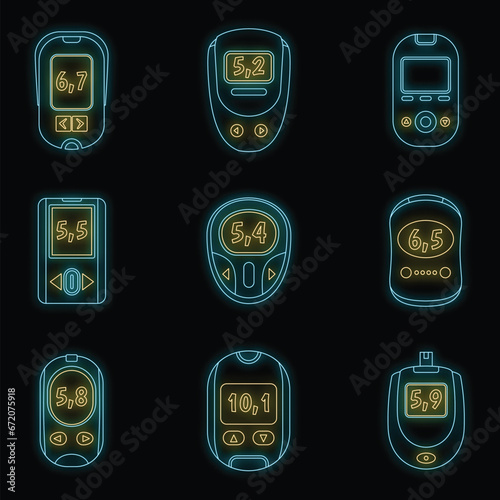 Glucose meter sugar blood test device icons set. Outline illustration of 9 glucose meter sugar blood test device vector icons neon color on black
