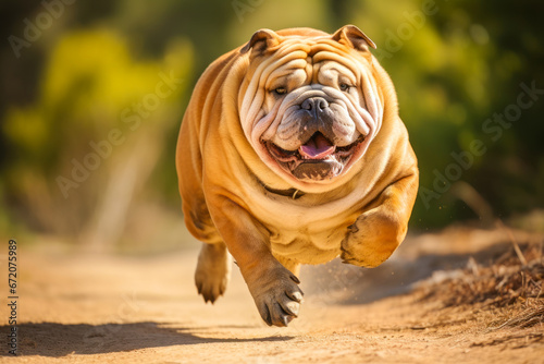 Obese dog in motion blur running fast alone.