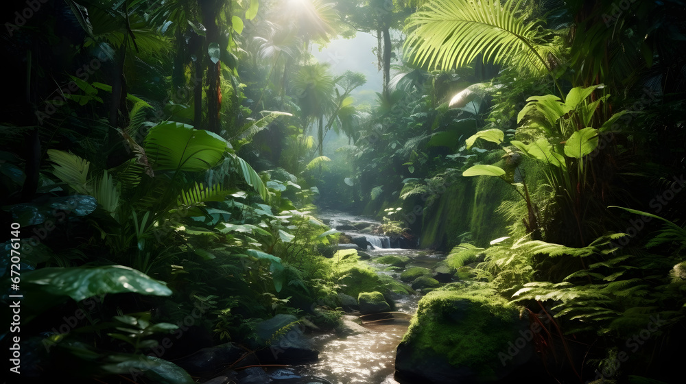 Gentle river gracefully winds through the heart of the vibrant jungle, illuminated by dappled sunlight, bringing a tranquil beauty to the verdant scene.