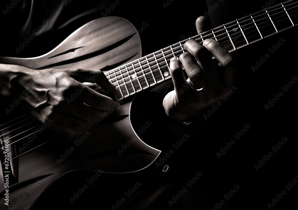 Fototapeta premium A minimalist image of a guitarist's hands strumming the strings, captured from a top-down