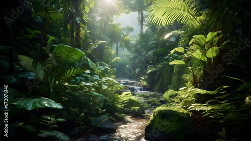 Gentle river gracefully winds through the heart of the vibrant jungle  illuminated by dappled sunlight  bringing a tranquil beauty to the verdant scene.
