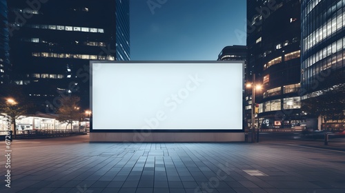 Empty billboard on the building in the middle of a vibrant city. Blank mock-up of an outdoor info banner. Generative AI