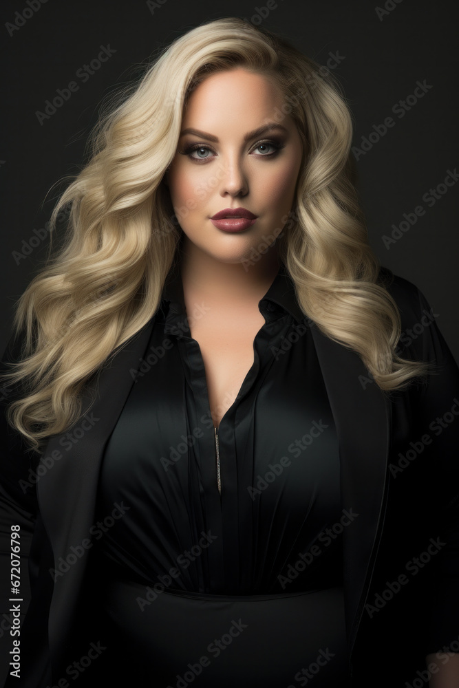 Excited luxury plus size woman in front of a studio background Excited luxury plus size woman in front of a studio background