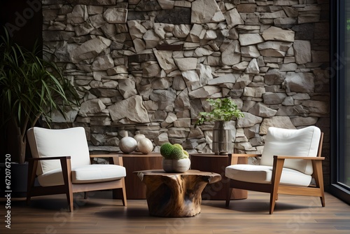 Four white armchairs near natural wood live edge coffee table against wall with stone paneling decor. Minimalist home interior design of modern living room. Generative AI