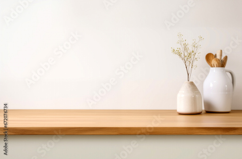 Wooden shelf with white vase plant, wooden kitchen utensils and white wall background. High quality photo