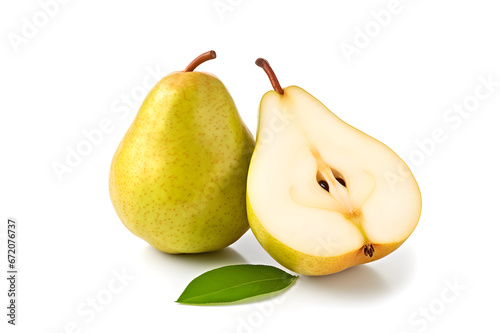 Fresh pears fruit one and half  with green leaf isolated on white background, fruit health care concept