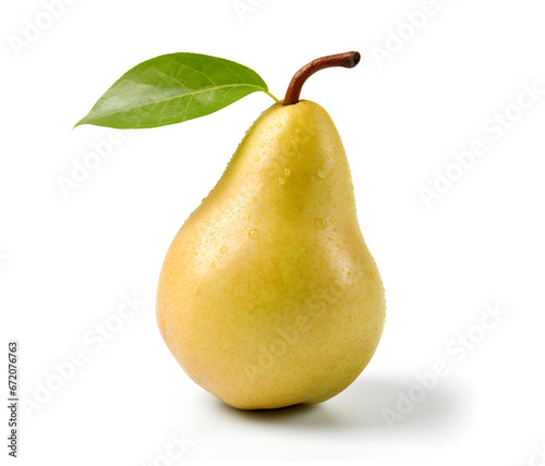 Fresh pear fruit with green leaf isolated on white background, fruit health care concept
