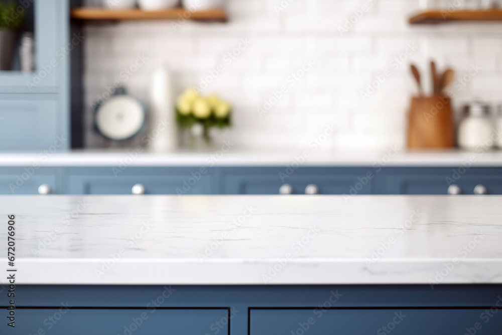 © oksa_studio - Empty white marble counter top in modern kitchen blue color with blurred background. High quality photo