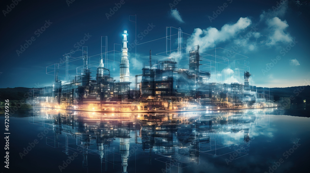 Refinery plant at night with reflection in water. Energy and industry concept Refinery plant at night with reflection in water. Energy and industry concept