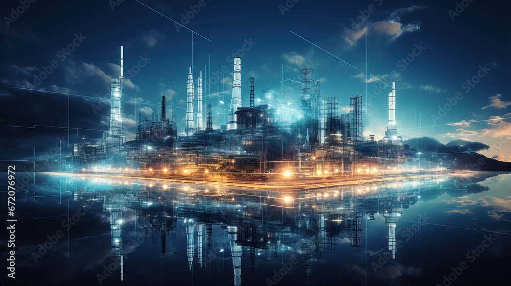 Refinery plant at night with reflection in water. Energy and industry concept Refinery plant at night with reflection in water. Energy and industry concept
