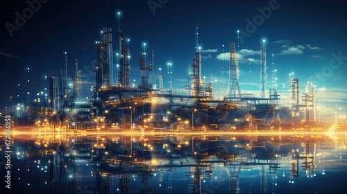 Refinery plant at night with reflection in water. Energy and industry concept