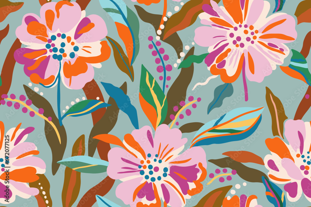 Colorful pattern with the image of tropical plants, flowers, flower twigs, leaves on a green background. Foliage of exotic plants in summer for banners, prints, decor. Colorful pattern with the image of tropical plants, flowers, flower twigs, leaves on a green background. Foliage of exotic plants in summer for banners, prints, decor.