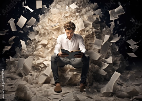 A performance art-inspired image of a novelist surrounded by torn pages and scattered words,