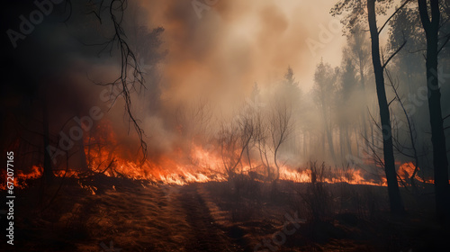 Ecological disaster. Forest becomes engulfed in flames. Smoke envelops the surroundings. Relentless force of nature. Altered landscape. © Piotr