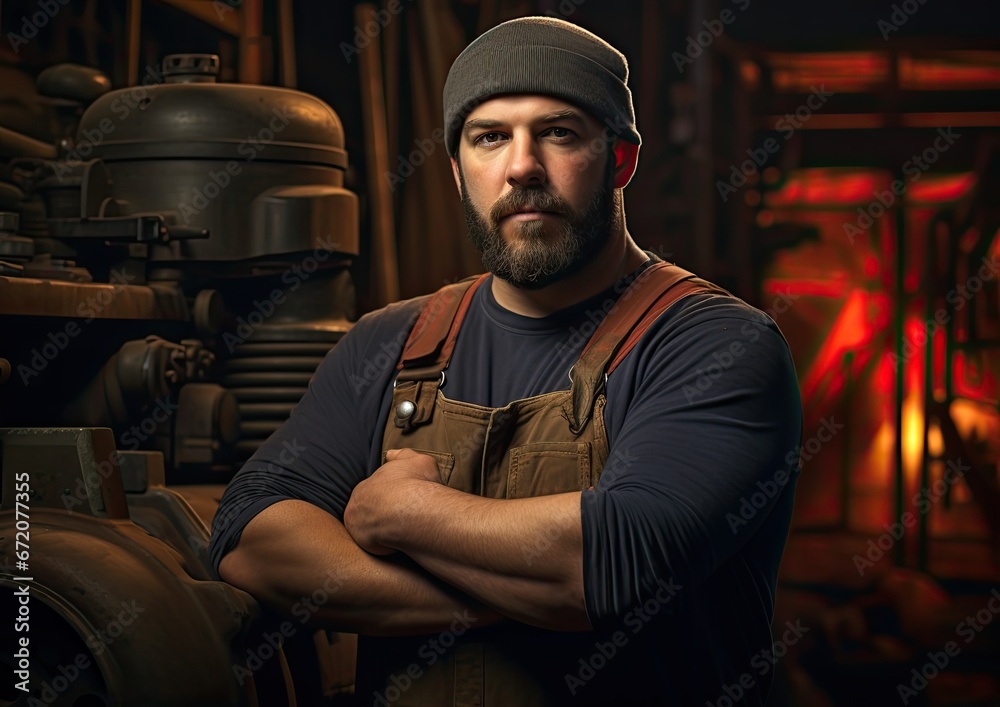 A Renaissance-inspired portrait of a mechanic, posed in a dignified manner, with soft lighting and