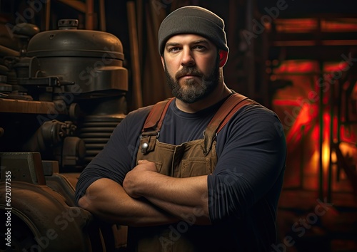 A Renaissance-inspired portrait of a mechanic, posed in a dignified manner, with soft lighting and
