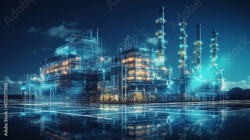 Refinery plant at night with reflection in water. Energy and industry concept photo