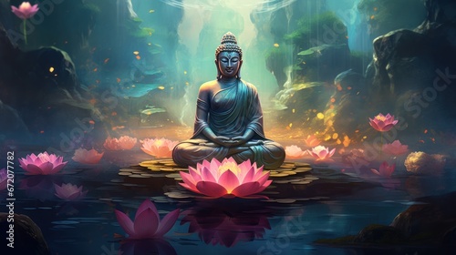 A surreal digital illustration depicting Buddha seated in a lotus position. 
