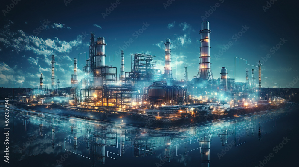 Refinery plant at night with reflection in water. Energy and industry concept