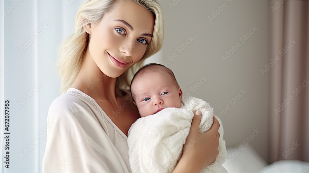 Pretty blonde american woman holding newborn baby in her arms Pretty blonde american woman holding newborn baby in her arms