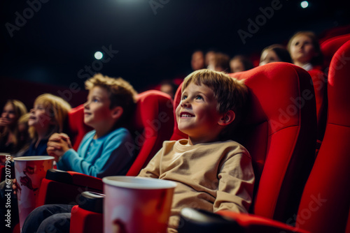 Children in cinema, engrossed by movie, light on faces.