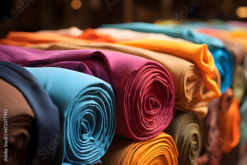  Rolls of colorful fabrics stacked in a textile shop. photo