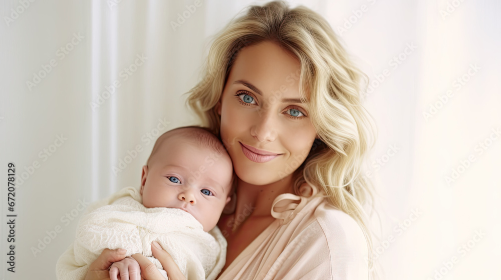 Pretty blonde american woman holding newborn baby in her arms - obrazy, fototapety, plakaty 