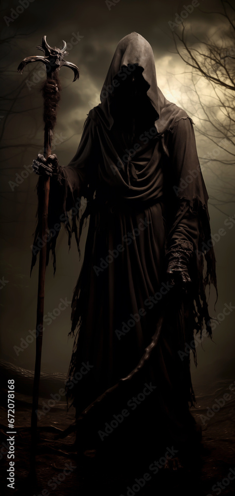 The Grim Reaper, the bringer of death and reaper of souls. Concept of mortality and death. Shallow field of view The Grim Reaper, the bringer of death and reaper of souls. Concept of mortality and death. Shallow field of view