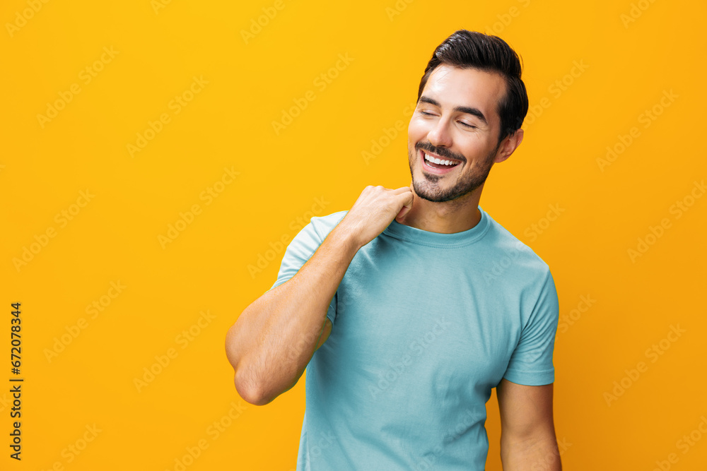 Fototapeta premium Smiling man arm studio fashion trendy portrait style laughing background copy lifestyle gesture space